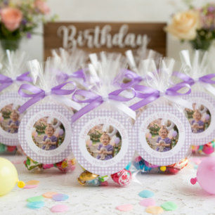 Personalized Lavender Gingham 1st Birthday Photo Classic Round Sticker