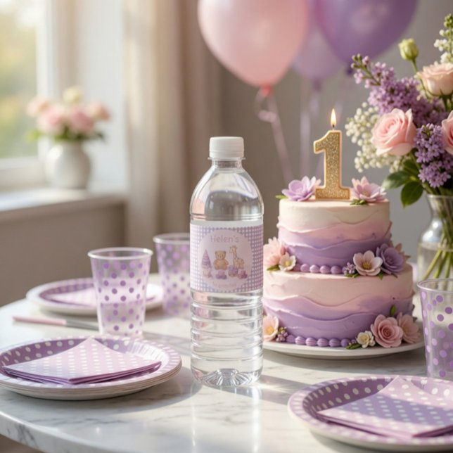 Personalized Lavender Gingham 1st Birthday  Water Bottle Label (Creator Uploaded)