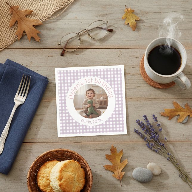 Personalized Lavender Gingham Birthday Photo Napkin (Creator Uploaded)