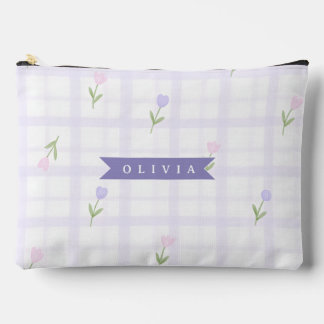 Personalized Lavender Gingham Floral Name Gift Accessory Pouch