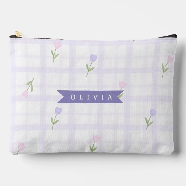 Personalized Lavender Gingham Floral Name Gift Accessory Pouch (Front)