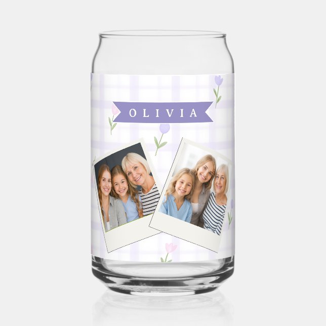 Personalized Lavender Gingham Floral Name Gift Can Glass (Front)