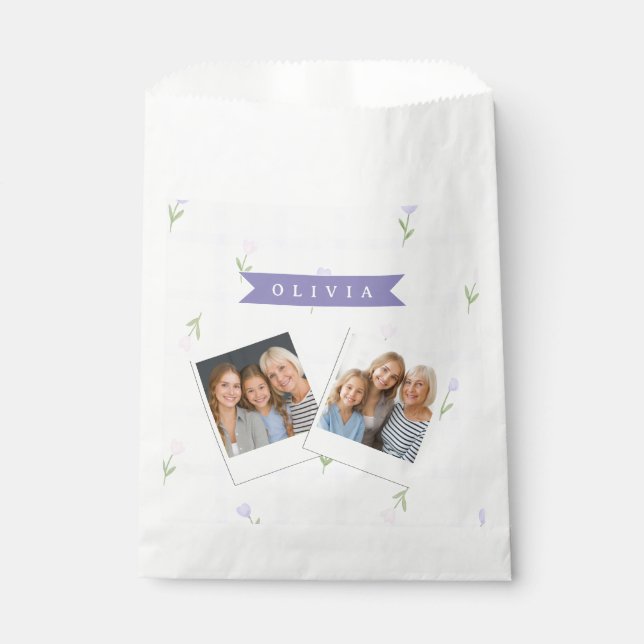 Personalized Lavender Gingham Floral Name Gift Favour Bag (Front)