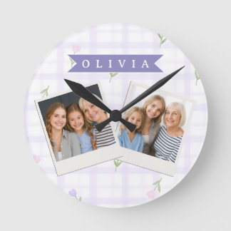 Personalized Lavender Gingham Floral Name Gift Round Clock