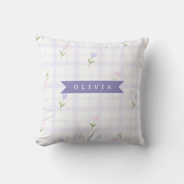 Personalized Lavender Gingham Floral Name Gift Throw Pillow (Front)