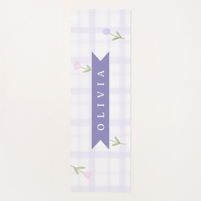 Personalized Lavender Gingham Floral Name Gift Yoga Mat (Front)