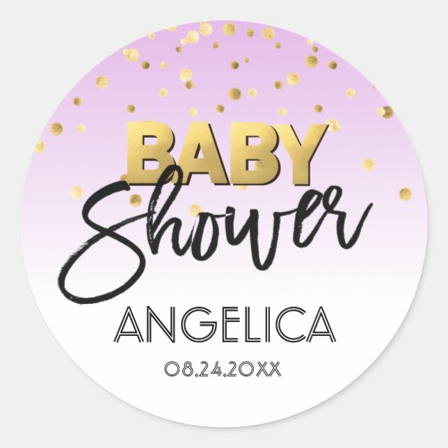 Personalized LAVENDER Gold Baby Shower Labels (Front)