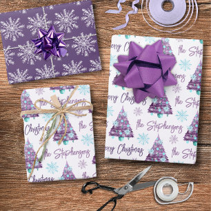 Personalized Lavender Merry Christmas Tree Script Wrapping Paper Sheet