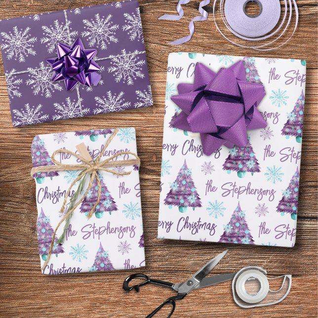 Personalized Lavender Merry Christmas Tree Script Wrapping Paper Sheet (Creator Uploaded)