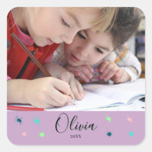 Personalized Lavender Photo Name and Date Gift Square Sticker
