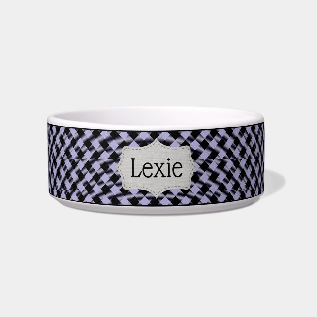 Personalized Lavender Purple and Black Plaid Pet Bowl (Front)