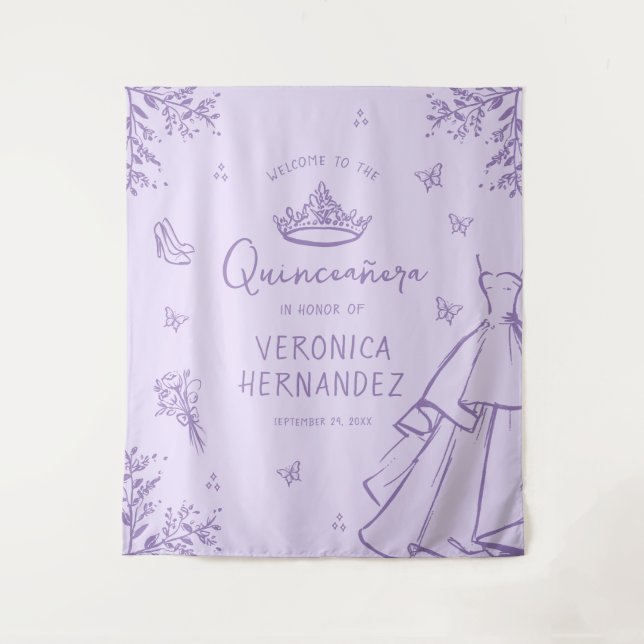 Personalized Lavender Quinceañera Photo Backdrop Tapestry (Front)