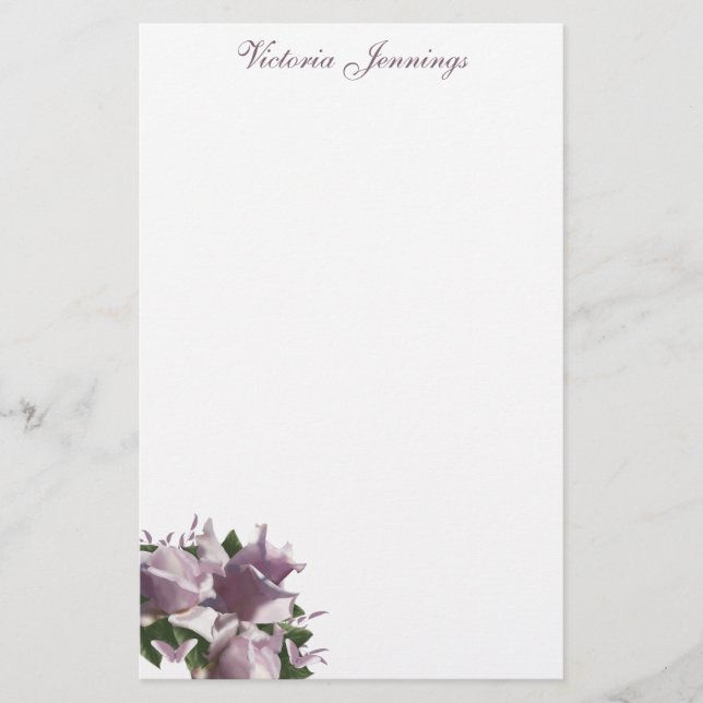 Personalized Lavender Rose Floral Stationery Paper (Front)