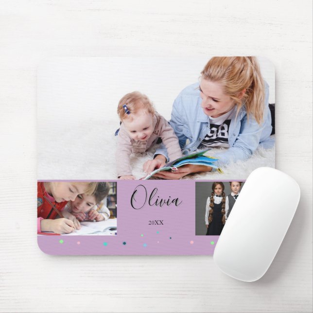 Personalized Lavender School Photo Collage Name Mouse Pad (With Mouse)