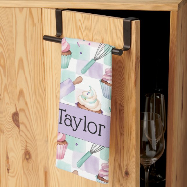 Personalized Lavender Teal Cupcake Pattern Kitchen Towel (Thirds Fold)