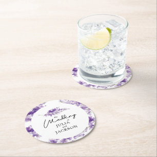 Personalized Lavender Watercolor Wedding Elegant Round Paper Coaster