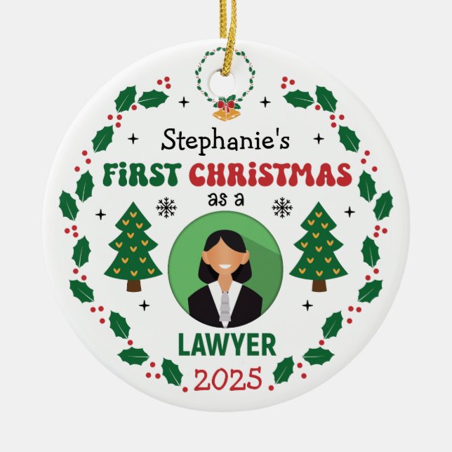 Personalized Lawyer First Christmas Tree Round Ceramic Ornament (Front)