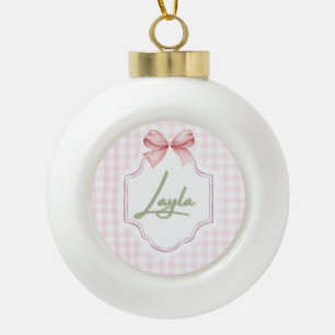 Personalized Layla Baby Girl Nursery Bow&Gingham  Ceramic Ball Christmas Ornament