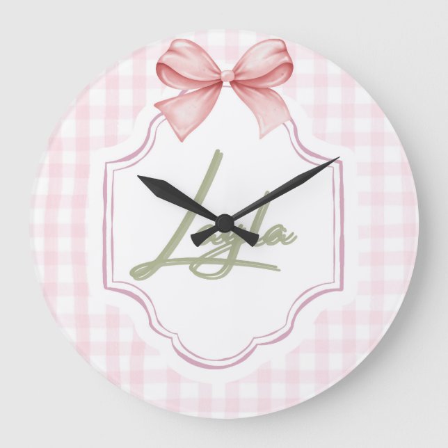 Personalized Layla Baby Girl Nursery Bow&Gingham  Large Clock (Front)
