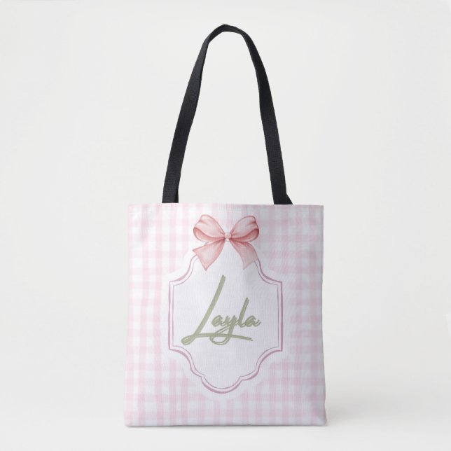Personalized Layla Baby Girl Nursery Bow&Gingham  Tote Bag (Front)