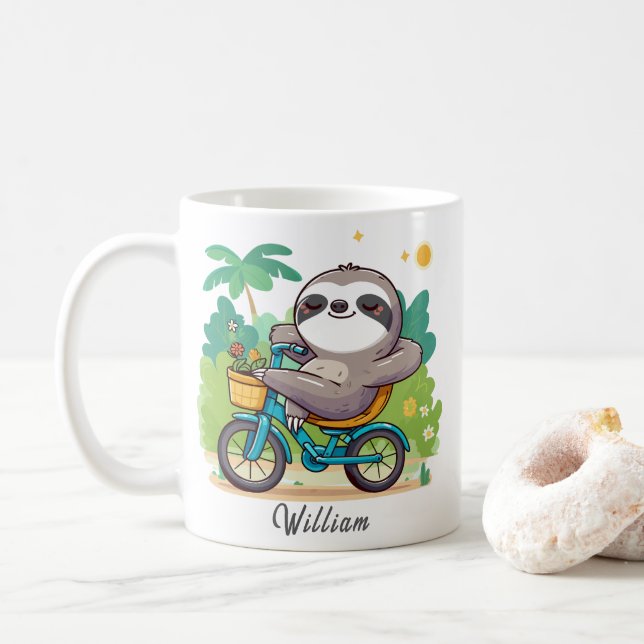Personalized Lazy Sloth's Relaxing Bike Adventure Coffee Mug (With Donut)