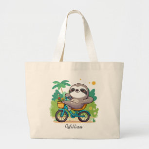 Personalized Lazy Sloth's Relaxing Bike Adventure Large Tote Bag
