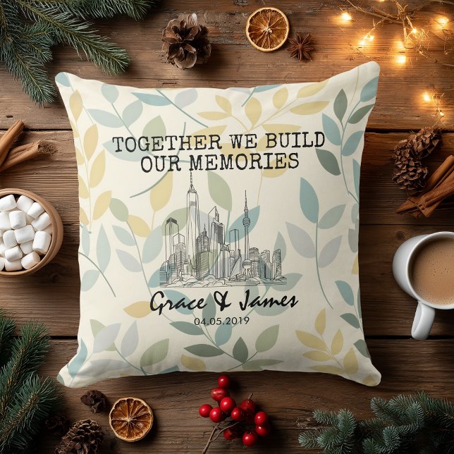Personalized Leaf Pattern Skyline Couple Pillow (Creator Uploaded)