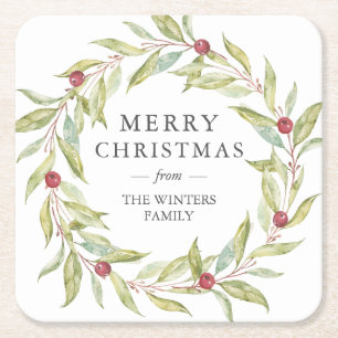 Personalized Leaves Berries Wreath Christmas Square Paper Coaster
