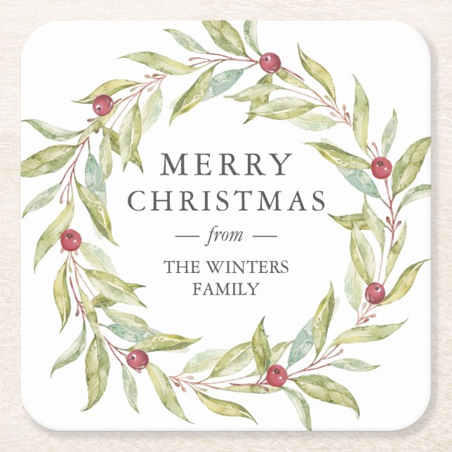 Personalized Leaves Berries Wreath Christmas Square Paper Coaster (Front)