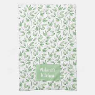 Personalized Leaves in Sage Green Kitchen Towel