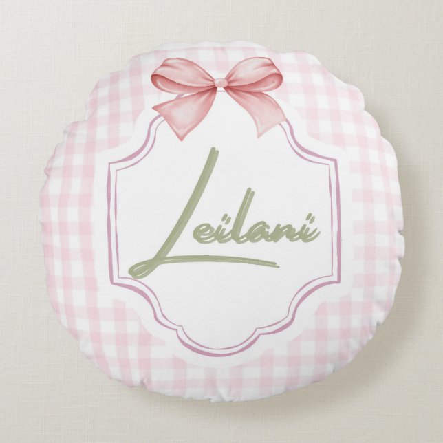 Personalized Leilani Baby Girl Nursery Gingham  Round Pillow (Front)
