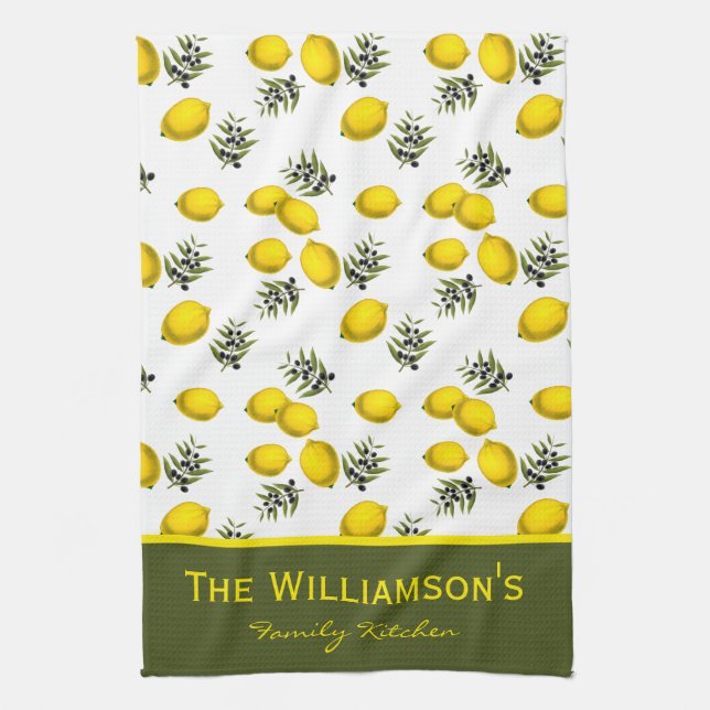Personalized Lemon and Olive Pattern Kitchen Towel (Vertical)