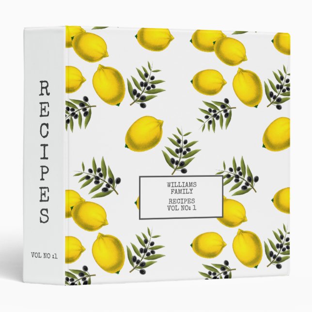 Personalized Lemon and Olive Pattern Recipes Binder (Front/Spine)