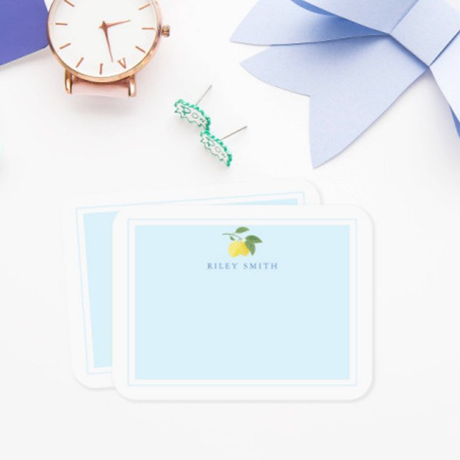 Personalized Lemon Blue Background Flat Note Card (Creator Uploaded)