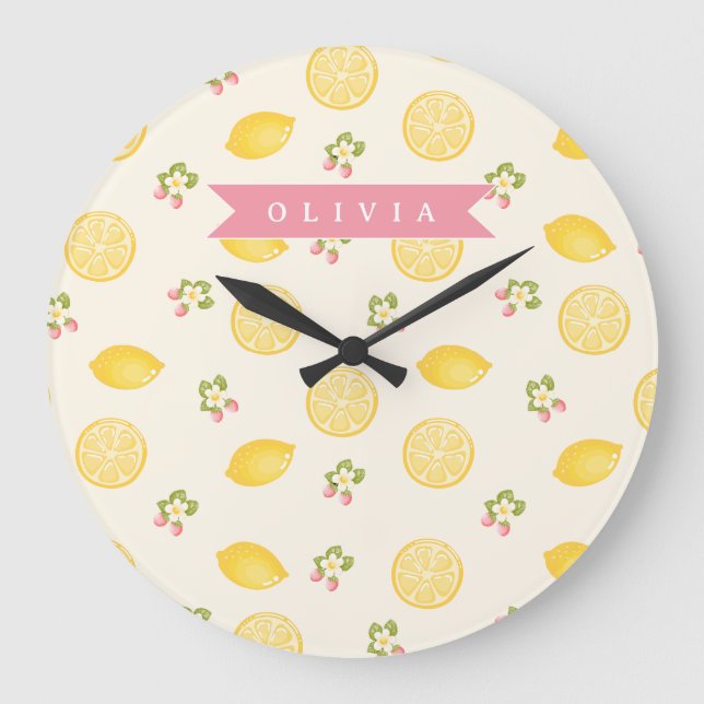Personalized Lemon Floral Summer Custom Name Large Clock (Front)