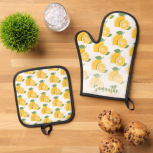 Personalized Lemon Fun Pattern Script Yellow  Oven Mitt & Pot Holder Set