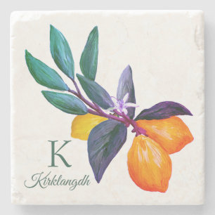 Personalized Lemon Leaf Citrus   Monogram & Name  Stone Coaster