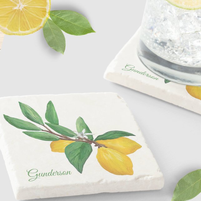 Personalized Lemon Leaf |  Yellow Green Name  Stone Coaster (Creator Uploaded)