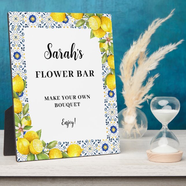 Personalized Lemon on blue tiles Flower Bar Sign Plaque (Side)