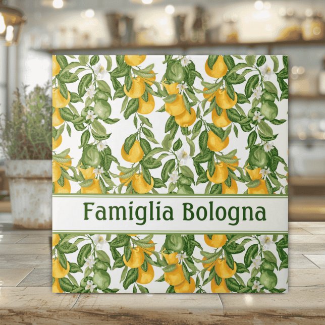 Personalized Lemon Pattern  Tile (Personalized Lemons and leaves on white ceramic tile Italian wedding housewarming gift)