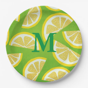Personalized Lemon Slices on Lime Green Background Paper Plate