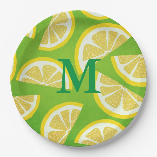 Personalized Lemon Slices on Lime Green Background Paper Plate (Front)