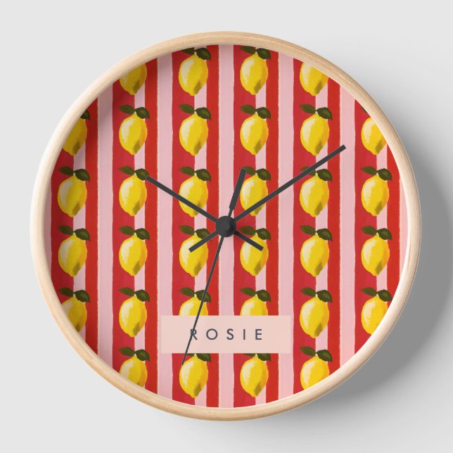Personalized Lemon Stripe Pattern Yellow Lemons  Clock (Front)