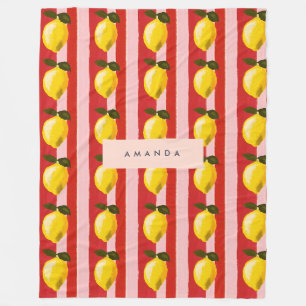 Personalized Lemon Stripe Pattern Yellow Lemons Fleece Blanket