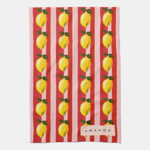 Personalized Lemon Stripe Pattern Yellow Lemons Kitchen Towel