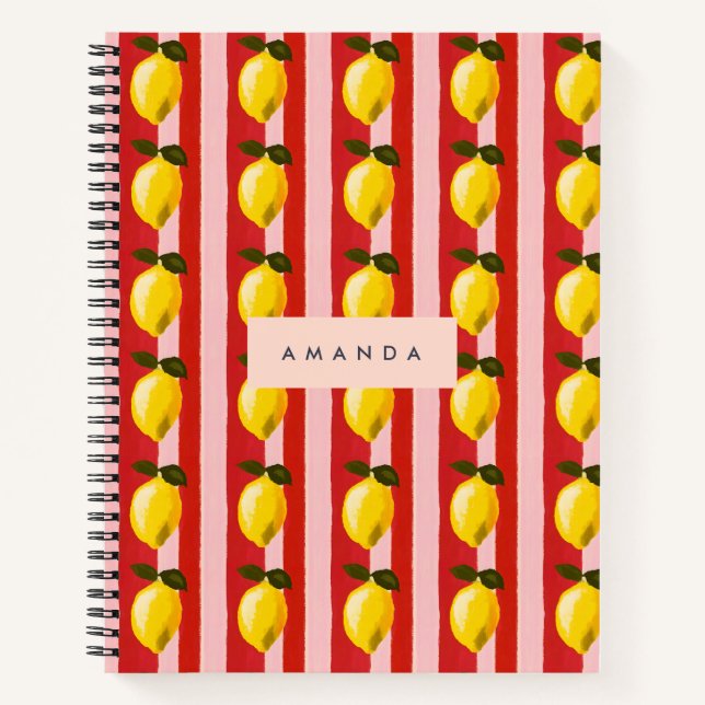 Personalized Lemon Stripe Pattern Yellow Lemons  Notebook (Front)