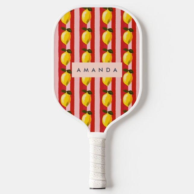 Personalized Lemon Stripe Pattern Yellow Lemons  Pickleball Paddle (Front)