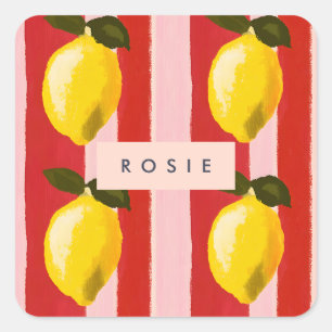 Personalized Lemon Stripe Pattern Yellow Lemons  Square Sticker