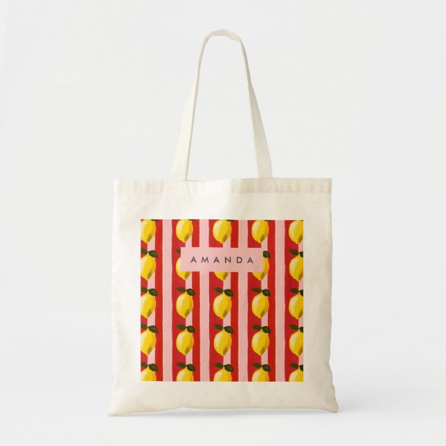Personalized Lemon Stripe Pattern Yellow Lemons Tote Bag (Front)