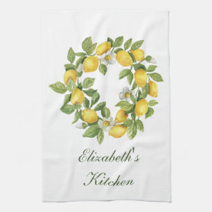 Personalized Lemon Wreath Leaves White Flowers Kitchen Towel